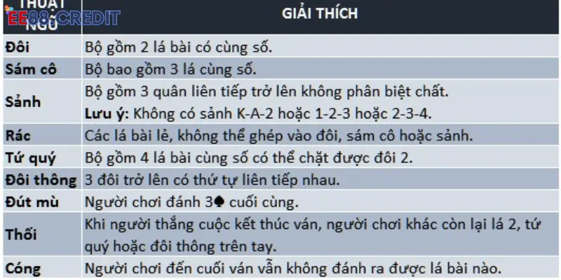 Các thuật ngữ phổ biến xuất hiện trong game bài tiến lên miền Nam 